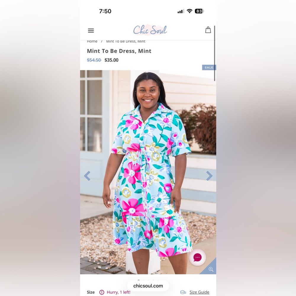 Women’s Floral Tiered Shirt Dress - Mint with Pink Flowers - Picture 3 of 3